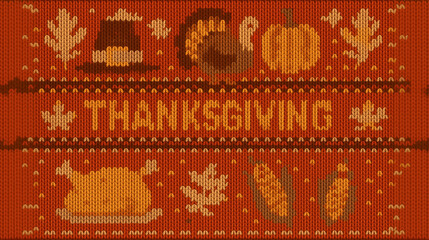 Thanksgiving celebration knitted pattern with turkey pumpkin leaves and food icons on warm orange background in cozy seasonal style representing holiday warmth family tradition and autumn harvest