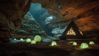 Cave interior, luminous orbs, triangular structure