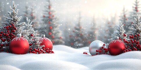Red silver ornaments frosted trees winter snow christmas