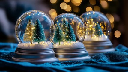 Three enchanting christmas snow globes with miniature trees and festive bokeh lights - Powered by Adobe