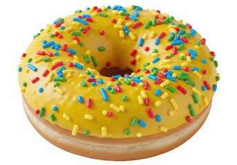 Single yellow frosted donut with colorful sprinkles on frosting