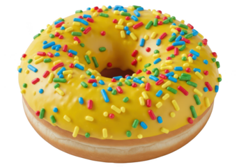 Single yellow frosted donut with colorful sprinkles on frosting