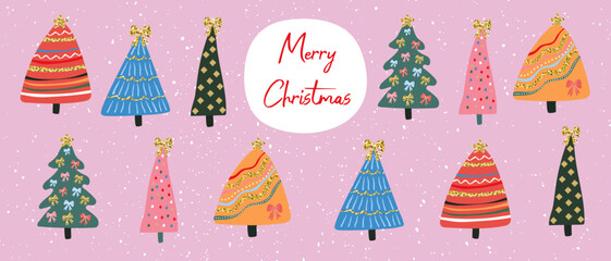 Merry Christmas banner. Colorful collection of Christmas trees with shiny golden elements.
