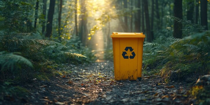 Yellow recycling bin deep in the woods at twilight, spotlighting efforts to maintain cleanliness in remote locations.