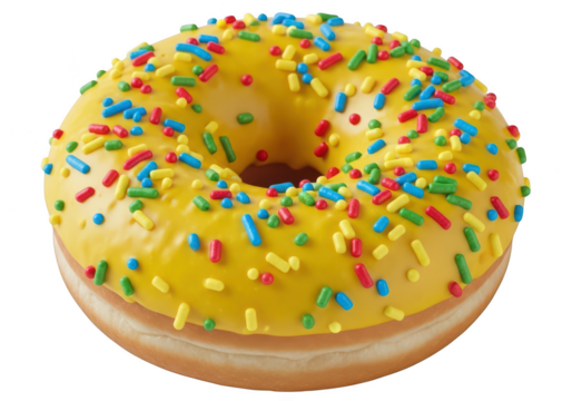 Single yellow frosted donut with colorful sprinkles on frosting