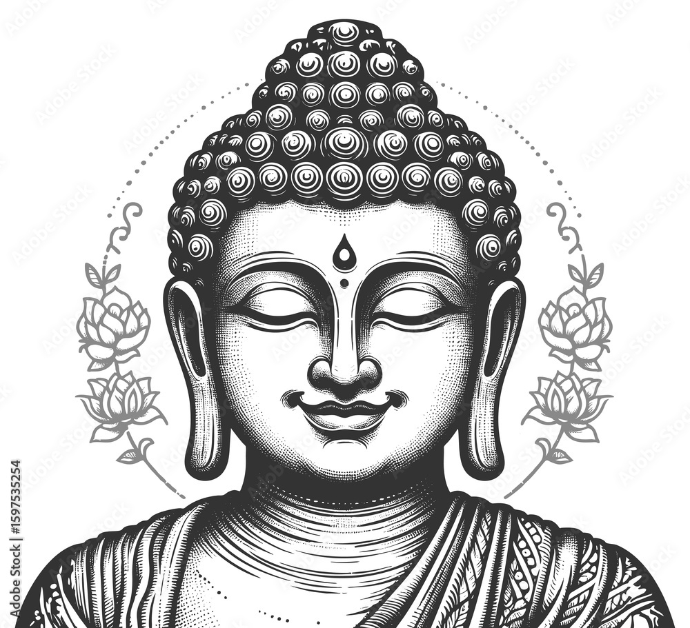 Poster smiling buddha peaceful face with closed eyes and gentle smile sketch engraving generative ai fictio