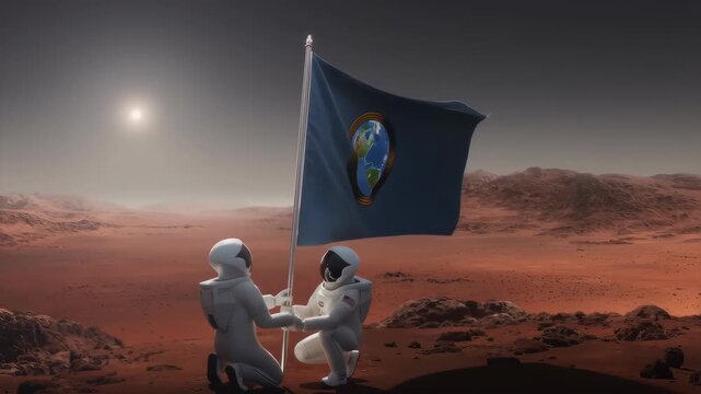 Astronauts plant Earth flag on Mars surface during historic space exploration mission, symbolizing human achievement and interplanetary colonization