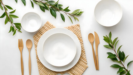 Minimal white table setting with bamboo cutlery