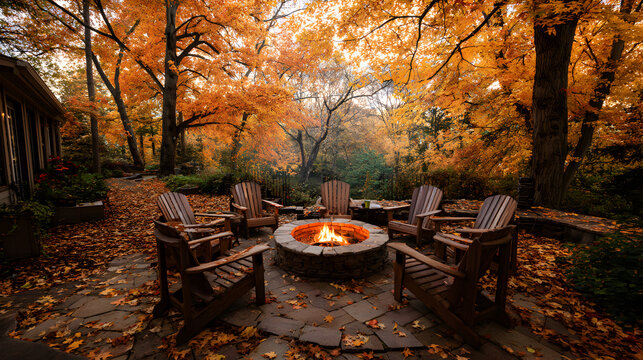 Cozy autumn evening at outdoor fire pit gathering with comfortable wooden chairs surrounded by colorful fall foliage