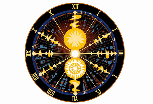Astrological zodiac wheel with symbols and celestial imagery  
