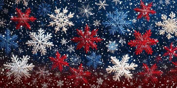 Red white and blue snowflakes falling in winter image