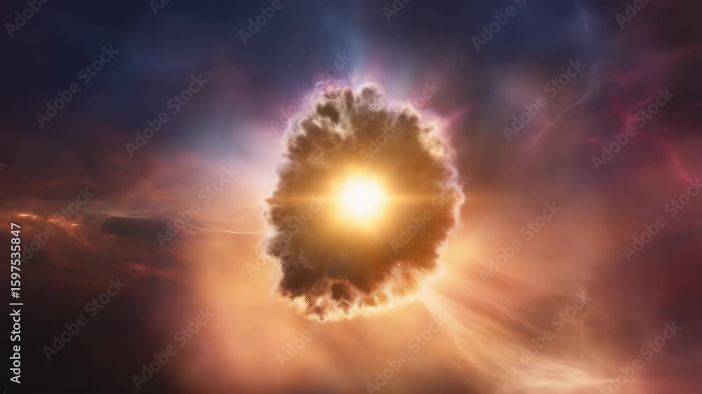Poster cosmic cloud with bright light rays in space transforms into ethereal nebula formation, creating mys