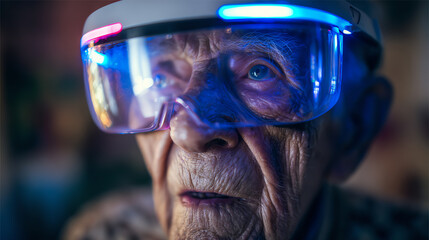 An elderly man wearing futuristic virtual reality glasses, engaged in immersive digital experiences, showcasing the intersection of age and technology.