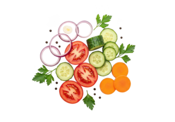 Sliced fresh tomatoes cucumber onion rings parsley and carrots on image