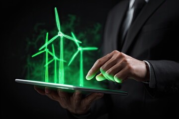 Businessman interacts with a digital tablet displaying glowing wind turbines