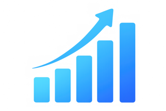 Blue bar graph rising, depicting financial growth, transparent background ideal for business data visualization