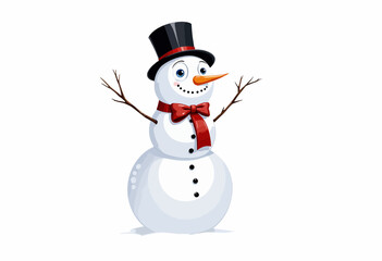 Cartoon snowman with top hat and red bow tie smiling  