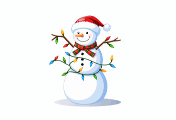 Cheerful snowman wearing a Santa hat and decorated with lights