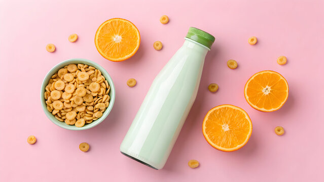 Mint milk bottle cereal and orange on pink