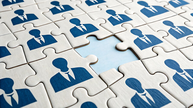 A jigsaw puzzle with people icons, one piece missing, represents human resources, teamwork, and the search for the right employee to complete the team
