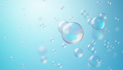 光をまとう透明なシャボン玉とブルーの背景 – ピュアで爽やかな印象
/ Transparent Bubbles with Iridescent Light on Blue Background – Pure and Refreshing Mood