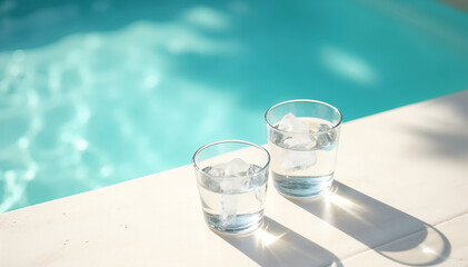 夏のプールサイドと氷水のグラス – 爽やかで開放的なライフスタイルを感じる風景
/ Summer Poolside with Iced Water Glasses – Refreshing and Relaxing Lifestyle Scene