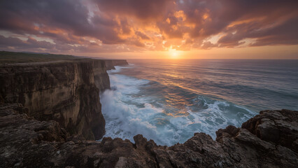 Sun sets over the vast ocean horizon.
