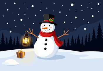 Fototapeta premium Cheerful snowman holding lantern with gifts in snowy winter landscape 