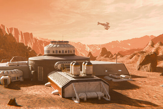 Futuristic Mars base with spaceship landing in rocky red landscape