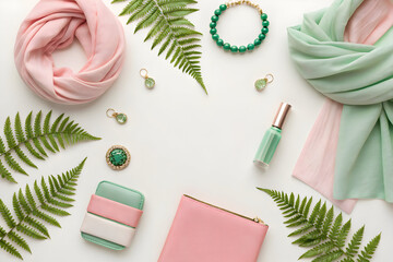 Pink and green accessories flatlay with fern leaves