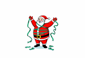 Cartoon Santa Claus tangled in green ribbon and smiling cheerfully  