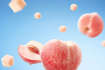Cut peaches thrown in the air close-up, colorful background