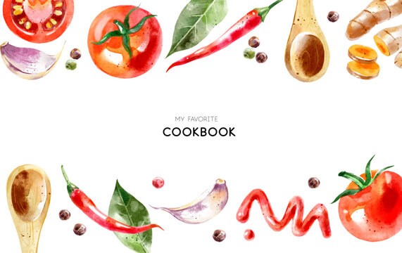 Watercolor painted spices and vegetables food product frame. Cookbook cover design, recipe book vector illustration