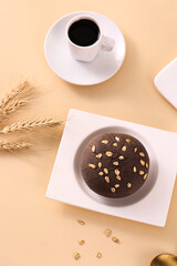 Chocolate sandwich bread and coffee, brown desktop background