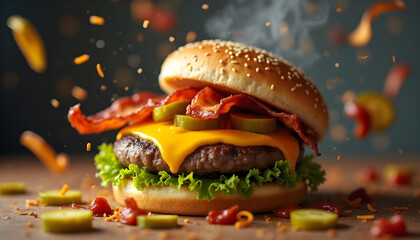 A cinematic micro shot of a cheeseburger mid-collapse — molten cheddar oozing over a sizzling patty, pickles launching outward, lettuce fluttering like confetti. Ketchup and mustard streak across the 