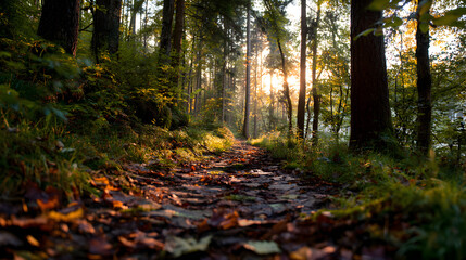 Obraz premium Enchanting forest path at golden hour with sunbeams filtering through tall trees creating a serene and tranquil