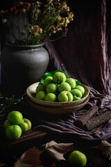 Green plums on dark tone photography background with shiny water drops