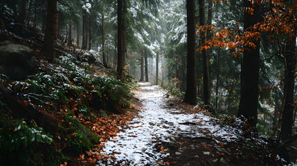 Fototapeta premium Enchanting winter forest scene with snow-covered trees and trail offering a serene peaceful and secluded woodland