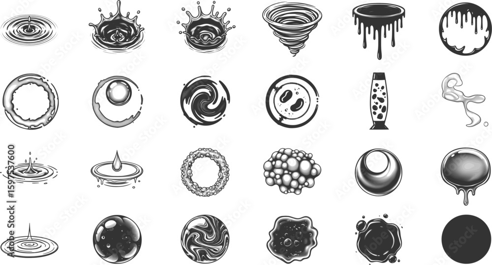 Poster a collection of various black and white icons with a red dot accent, representing different concepts
