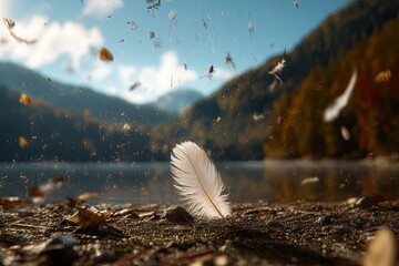 A single feather rests on the shore of a lake, amidst falling autumn leaves and feathers