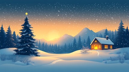 Fototapeta premium Snowy forest cabin with glowing fireplace and star topped tree winter christmas tree