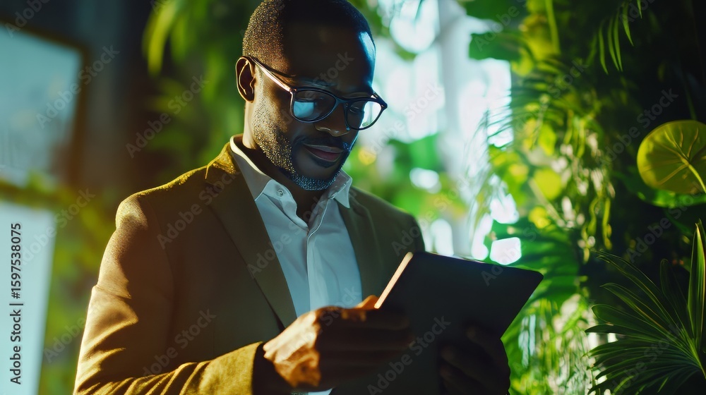 Poster business intelligence. businessman using digital tablet working with virtual innovation operations m