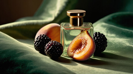 Perfume bottle with peach and blackberry fruit still life