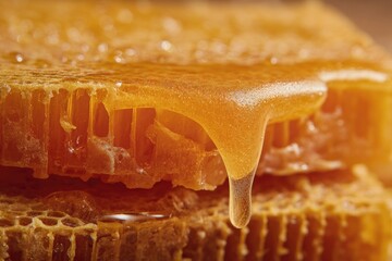 Close-up honeycombs dripping with honey