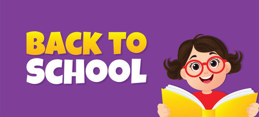 Back to School Banner with Cute Girl Holding Book Vector Illustration.