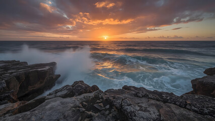 Obraz premium Sun sets over the vast ocean horizon. 