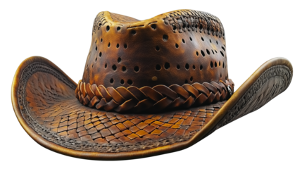 Ranch cowboy hat in chocolate brown leather with a rustic touch and artistic braided band on transparent background