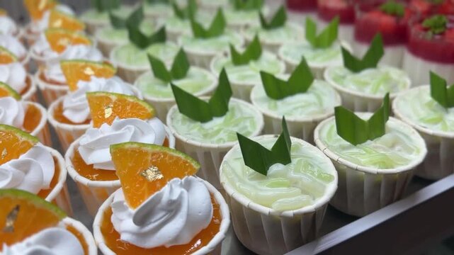 Assorted desserts featuring orange cupcakes, tapioca starch jelly in coconut milk, and strawberry panna cotta.
