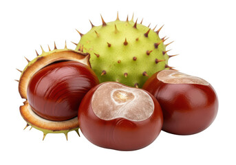 Three horse chestnuts with spiky green husk on conker conkers