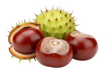 Three horse chestnuts with spiky green husk on conker conkers
